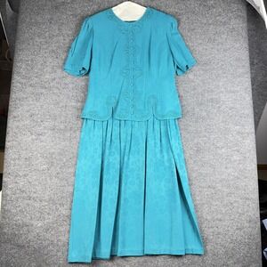 Vintage Karin Stevens Dress Womens 16 Blue Floral Jacquard Fit Flare Midi 80s